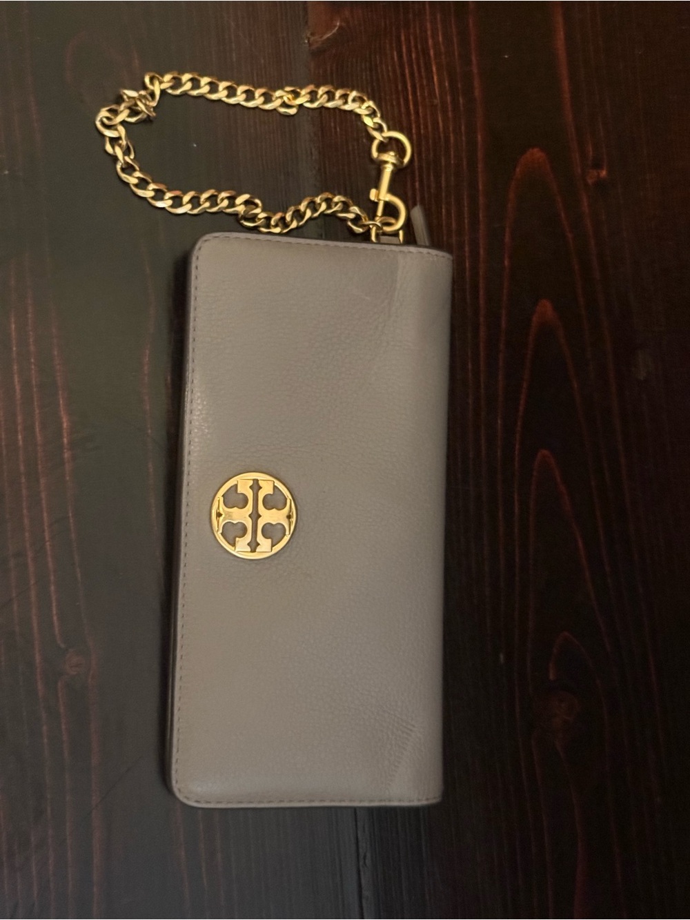 Tory Burch Gray Leather Wristlet Clutch with Gold Chain